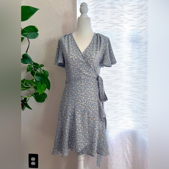 Dresses & Skirts - Light Blue and Yellow Floral Wrap Mini Dress